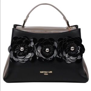 Nicole Lee Black Patent Floral Accent Satchel
